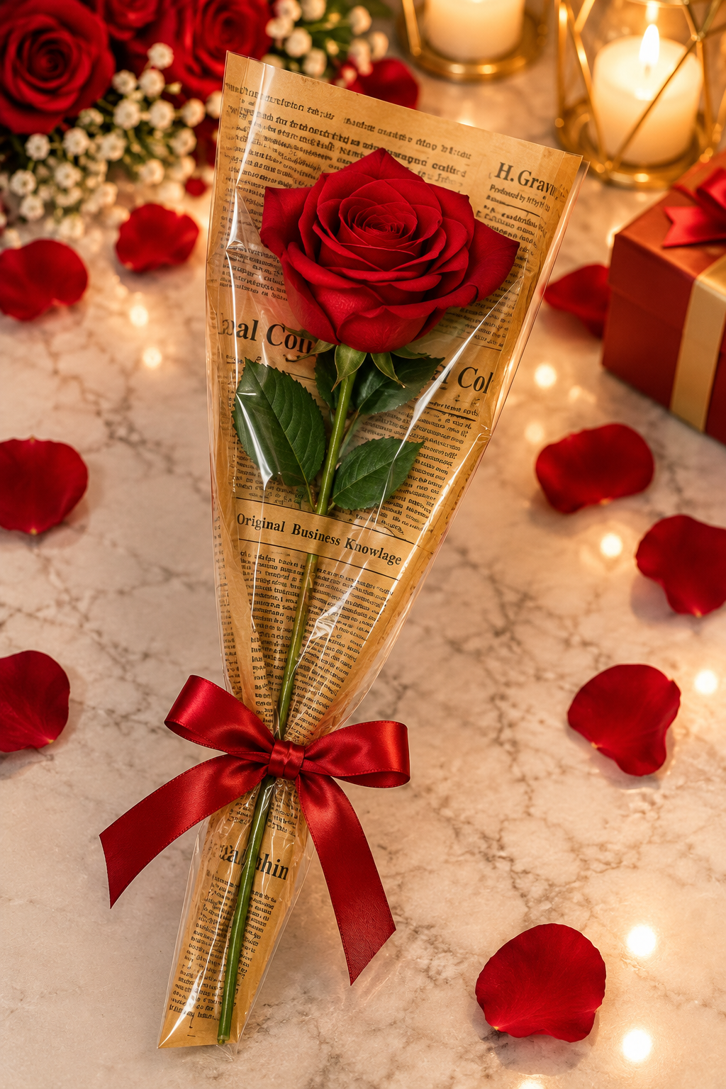 Single red rose finished with a red satin bow